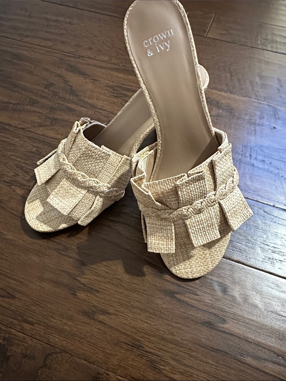 crown & ivy Natural Braided Raffia Fringe Slide Mules